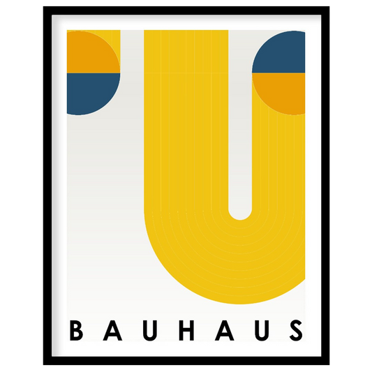 This Bauhaus poster features a bold and dynamic abstract composition dominated by a large, flowing … for space