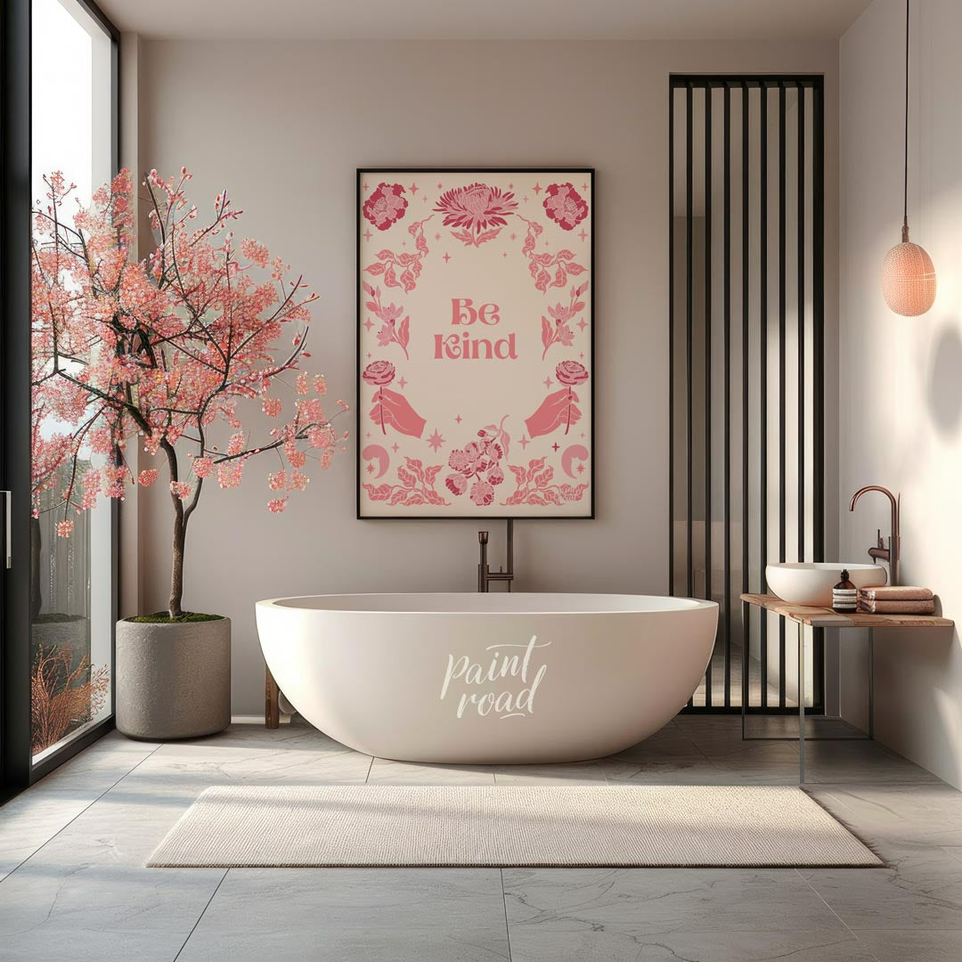 This beautiful and inspiring art print features the uplifting message “Be Kind” prominently display… for bathroom