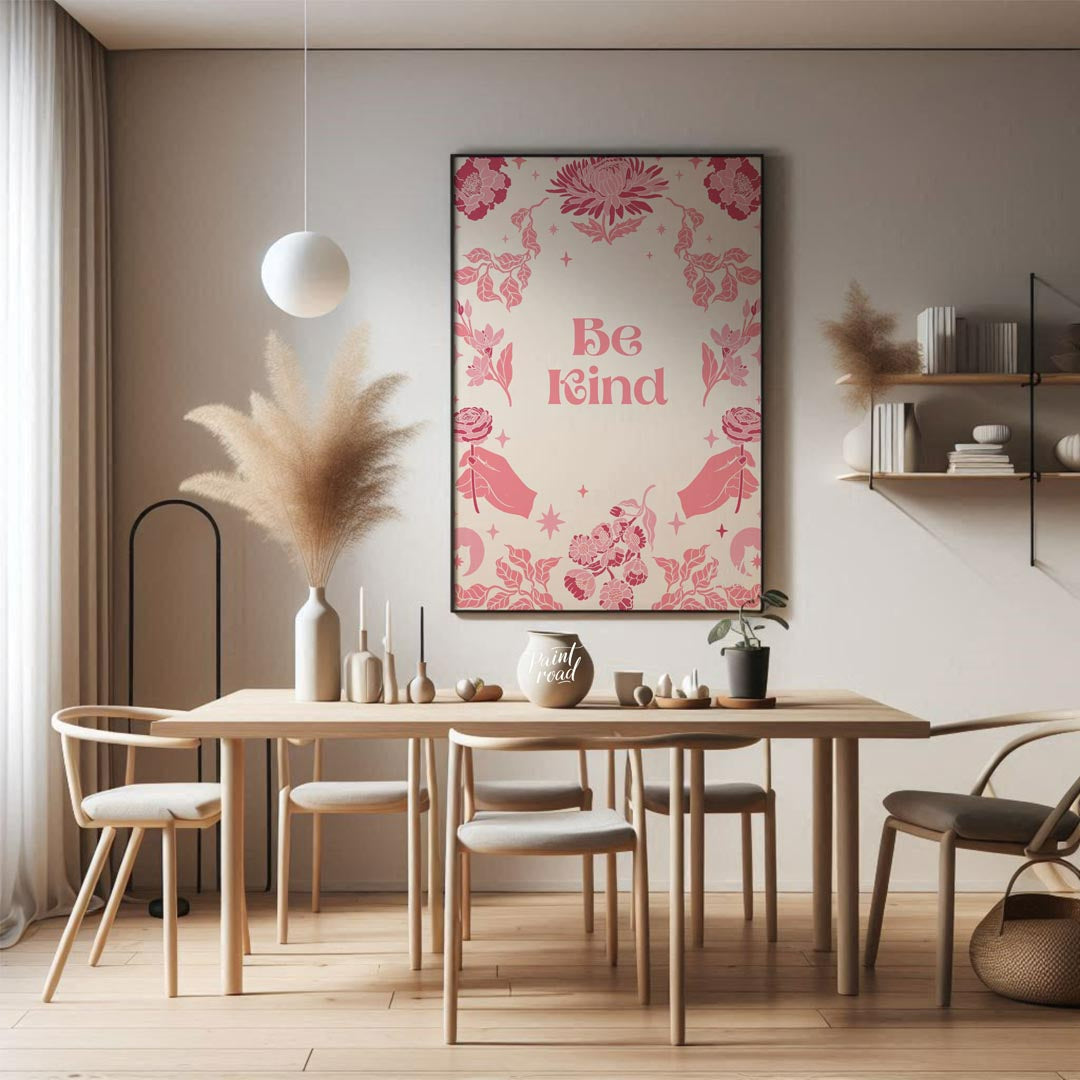 This beautiful and inspiring art print features the uplifting message “Be Kind” prominently display… for dining room
