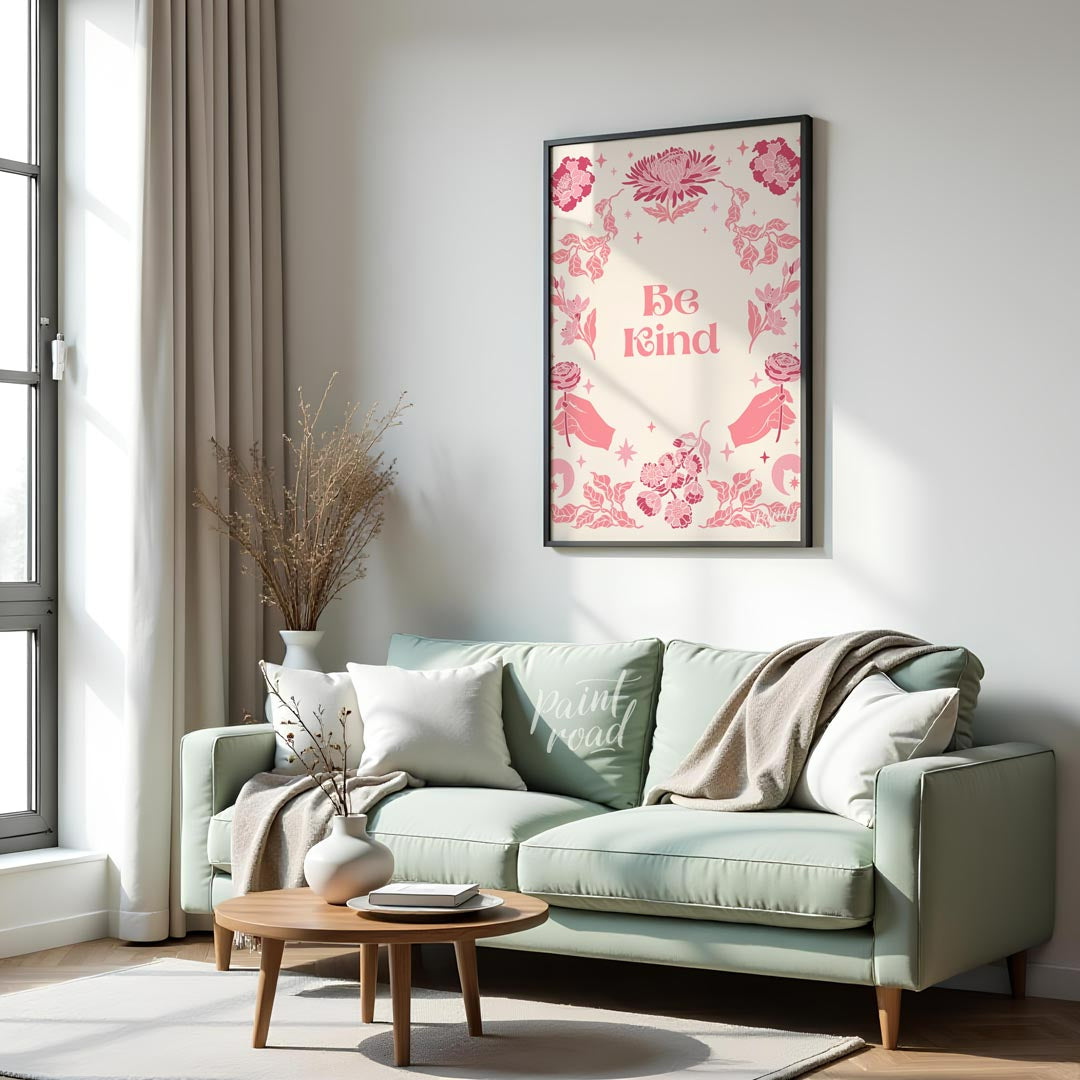 This beautiful and inspiring art print features the uplifting message “Be Kind” prominently display… for living room