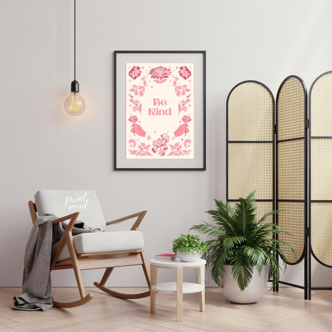 This beautiful and inspiring art print features the uplifting message “Be Kind” prominently display… for living room