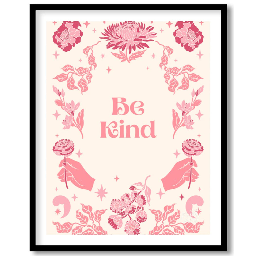 This beautiful and inspiring art print features the uplifting message “Be Kind” prominently display… for space