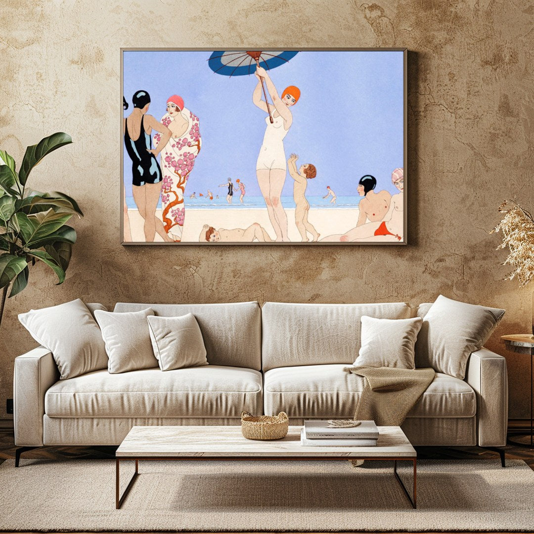 Immerse yourself in the elegant charm of seaside leisure with this exquisite artwork. Capturing a for Family Room