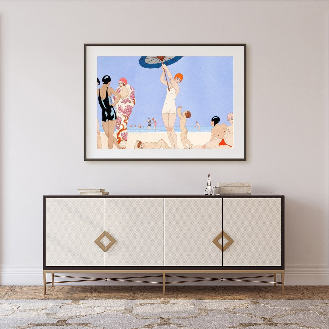 Immerse yourself in the elegant charm of seaside leisure with this exquisite artwork. Capturing a for Foyer