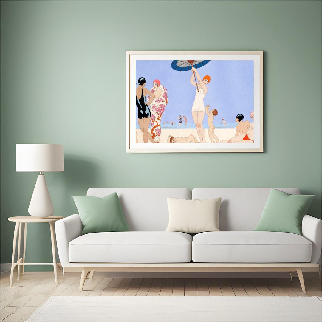 Immerse yourself in the elegant charm of seaside leisure with this exquisite artwork. Capturing a for Hall