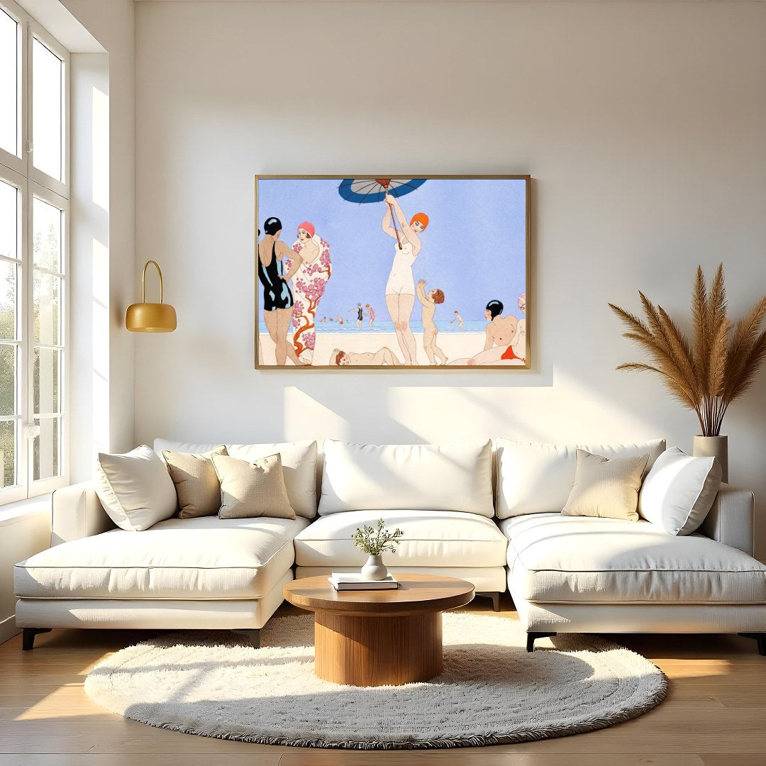 Immerse yourself in the elegant charm of seaside leisure with this exquisite artwork. Capturing a for Living Room