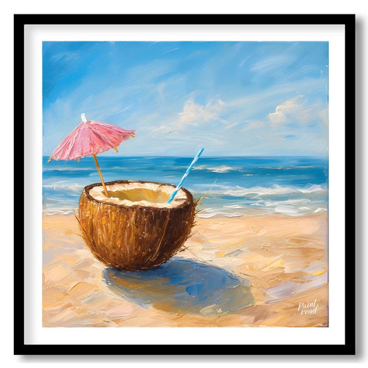 This beautiful painting captures the essence of a perfect day at the shore with a refreshing coconu… for area