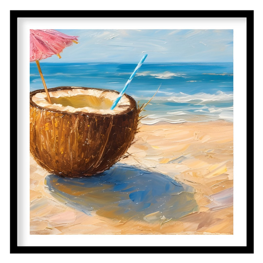 This beautiful painting captures the essence of a perfect day at the shore with a refreshing coconu… for area