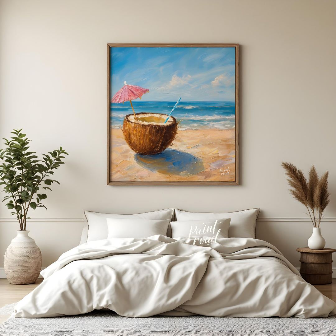 This beautiful painting captures the essence of a perfect day at the shore with a refreshing coconu… for bedroom
