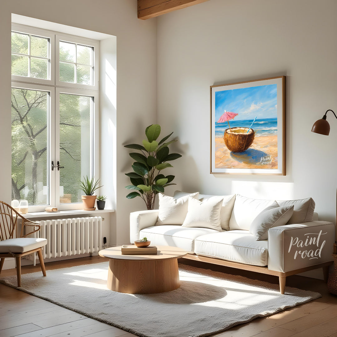 This beautiful painting captures the essence of a perfect day at the shore with a refreshing coconu… for living room