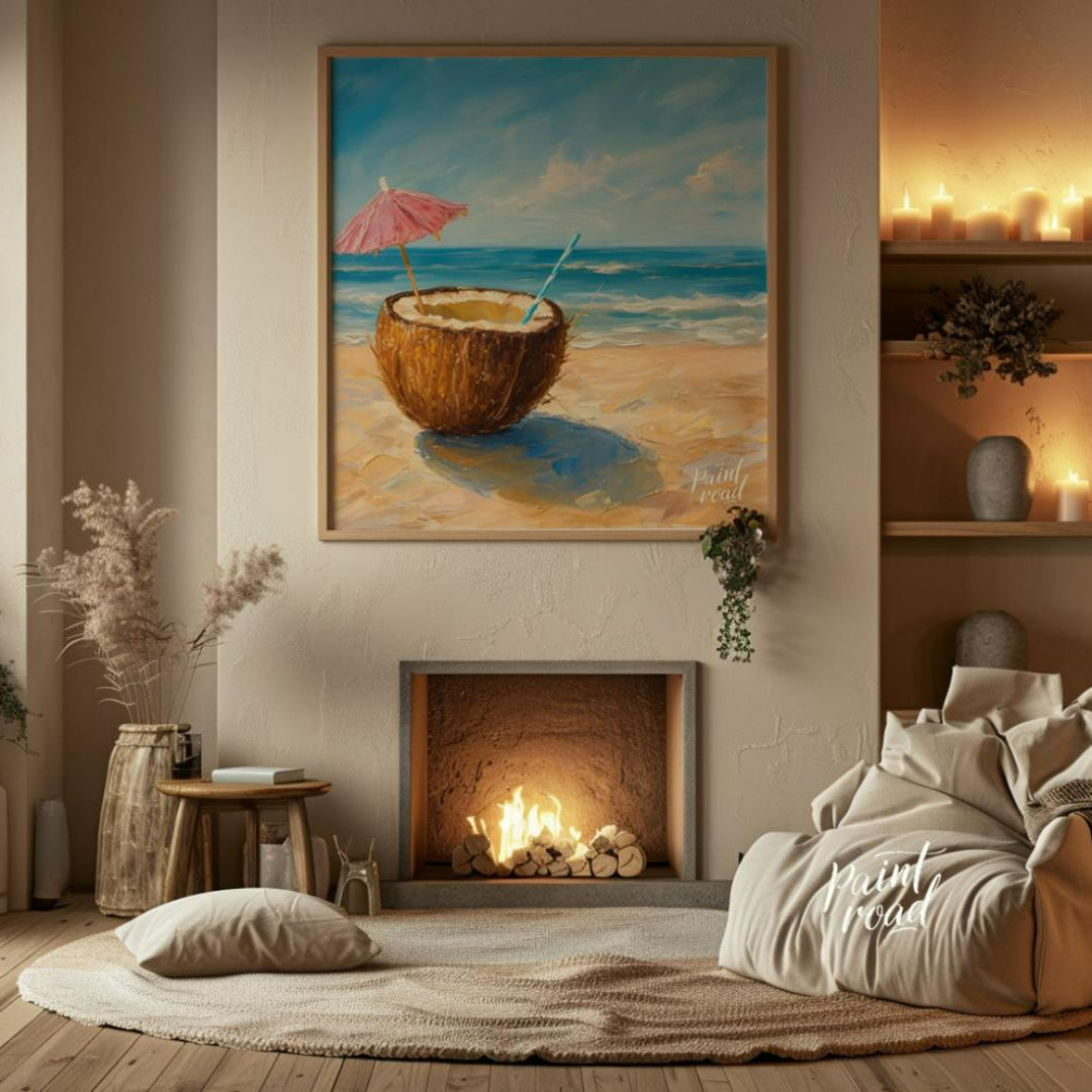 This beautiful painting captures the essence of a perfect day at the shore with a refreshing coconu… for living room
