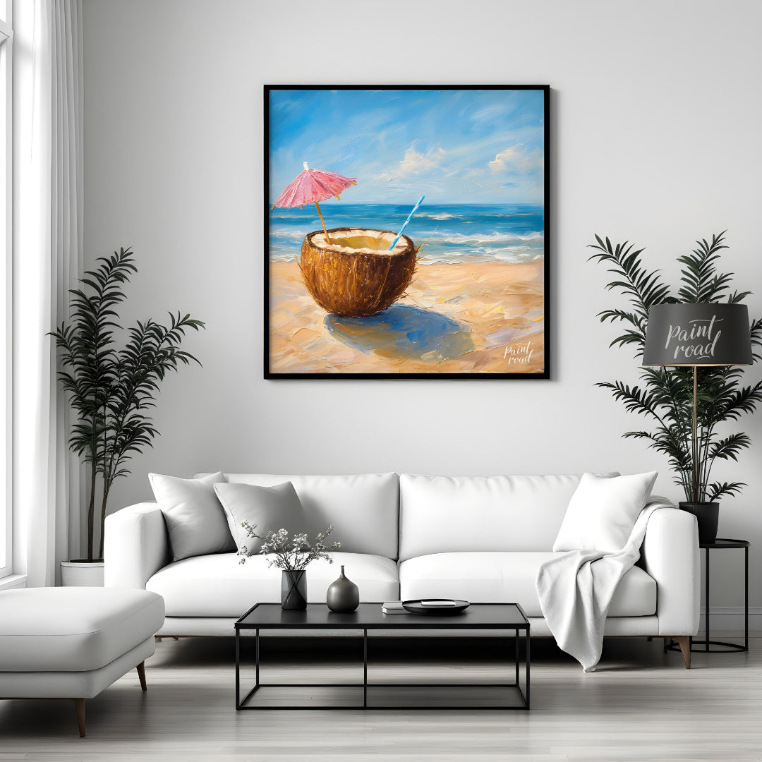 This beautiful painting captures the essence of a perfect day at the shore with a refreshing coconu… for living room