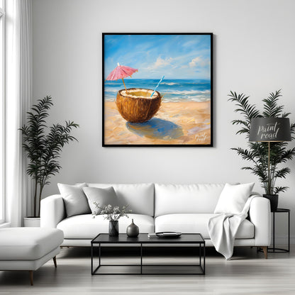This beautiful painting captures the essence of a perfect day at the shore with a refreshing coconu… for living room