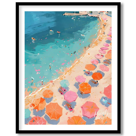 This vibrant digital illustration captures a lively beach scene from an aerial perspective. Rows of… for area
