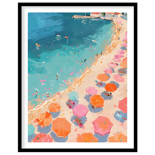 This vibrant digital illustration captures a lively beach scene from an aerial perspective. Rows of… for area