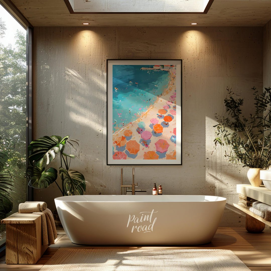This vibrant digital illustration captures a lively beach scene from an aerial perspective. Rows of… for bathroom