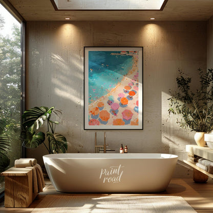 This vibrant digital illustration captures a lively beach scene from an aerial perspective. Rows of… for bathroom