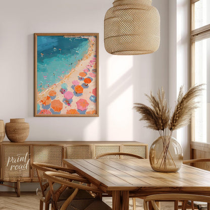 This vibrant digital illustration captures a lively beach scene from an aerial perspective. Rows of… for dining room
