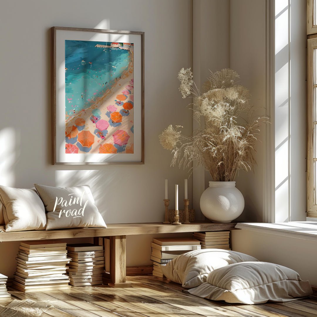 This vibrant digital illustration captures a lively beach scene from an aerial perspective. Rows of… for living room