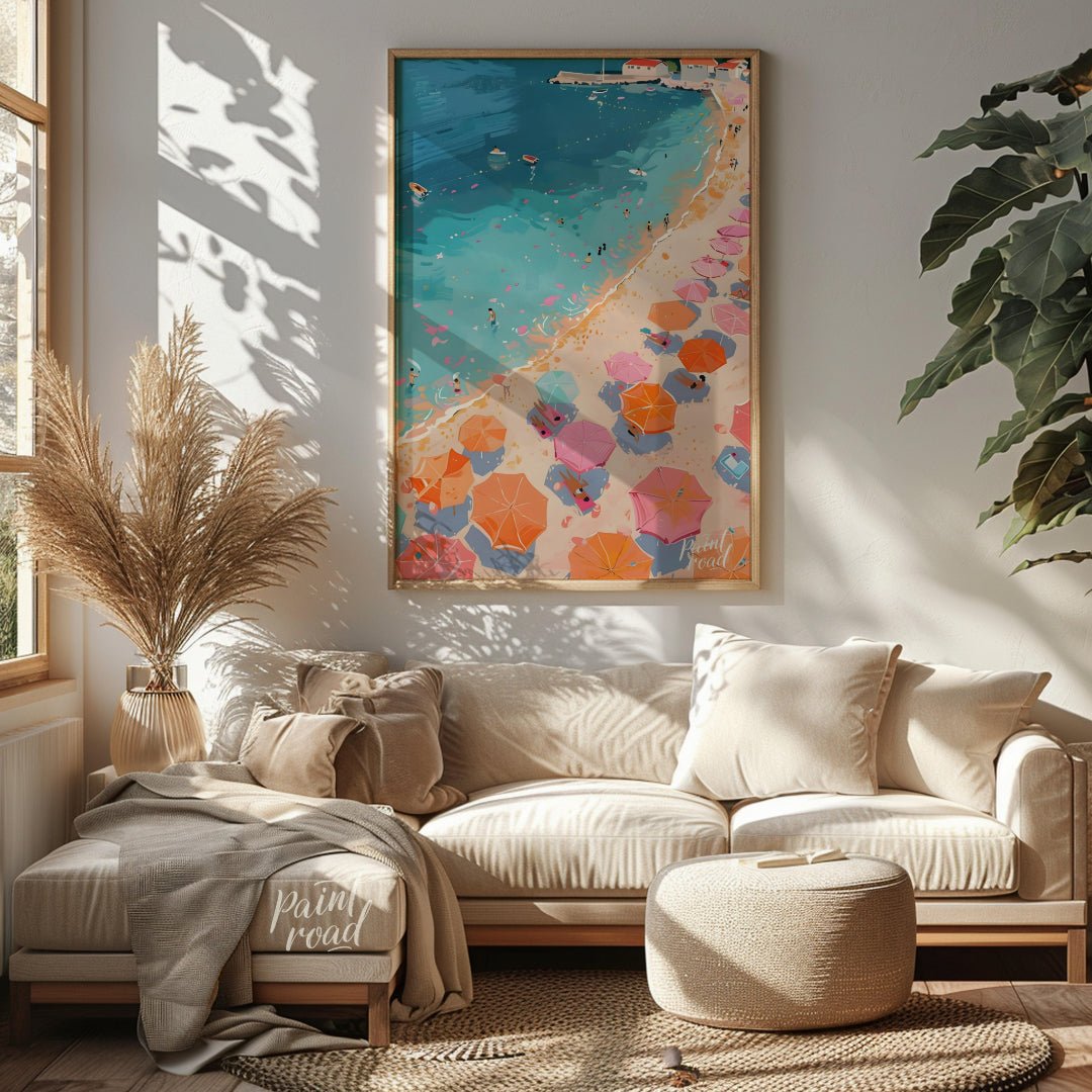 This vibrant digital illustration captures a lively beach scene from an aerial perspective. Rows of… for living room