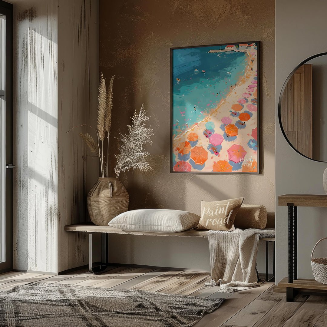 This vibrant digital illustration captures a lively beach scene from an aerial perspective. Rows of… for living room