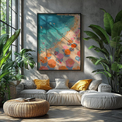 This vibrant digital illustration captures a lively beach scene from an aerial perspective. Rows of… for living room