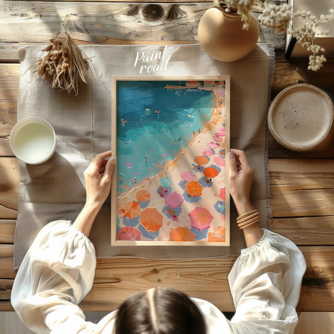 This vibrant digital illustration captures a lively beach scene from an aerial perspective. Rows of… for other