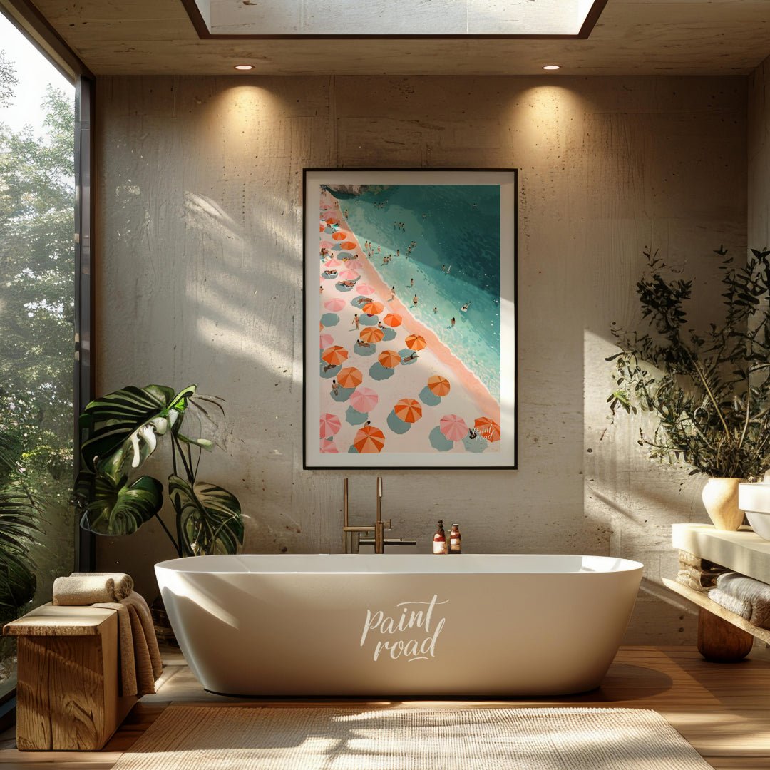 This digital illustration offers a bird's-eye view of a bustling beach scene. Colorful parasols, in… for bathroom