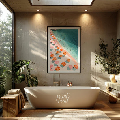 This digital illustration offers a bird's-eye view of a bustling beach scene. Colorful parasols, in… for bathroom