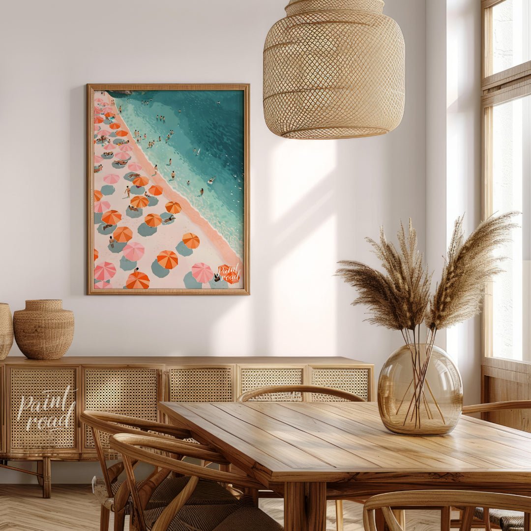 This digital illustration offers a bird's-eye view of a bustling beach scene. Colorful parasols, in… for dining room