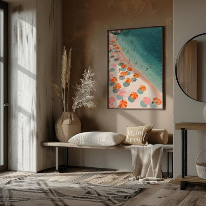 This digital illustration offers a bird's-eye view of a bustling beach scene. Colorful parasols, in… for entryway
