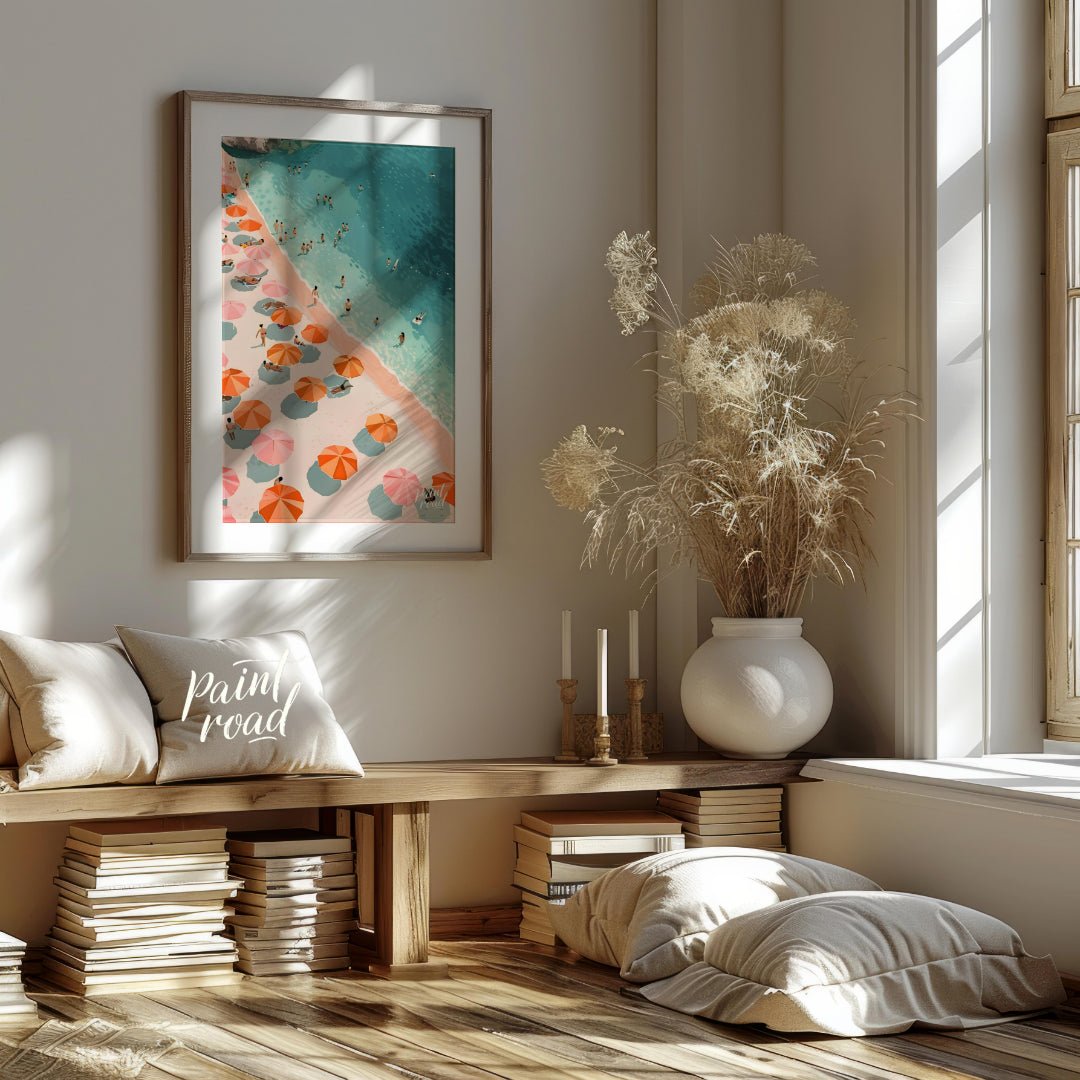 This digital illustration offers a bird's-eye view of a bustling beach scene. Colorful parasols, in… for living room