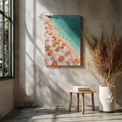 This digital illustration offers a bird's-eye view of a bustling beach scene. Colorful parasols, in… for living room
