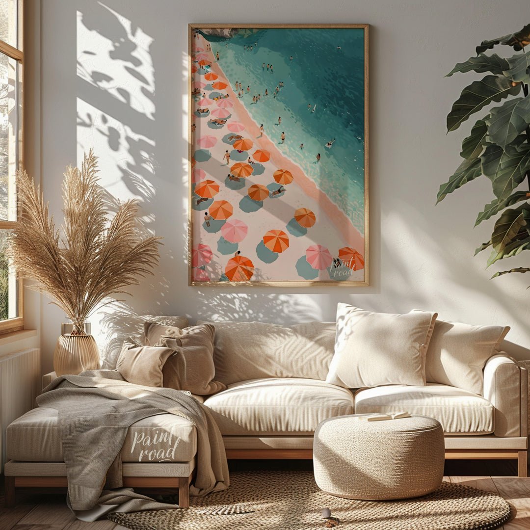 This digital illustration offers a bird's-eye view of a bustling beach scene. Colorful parasols, in… for living room