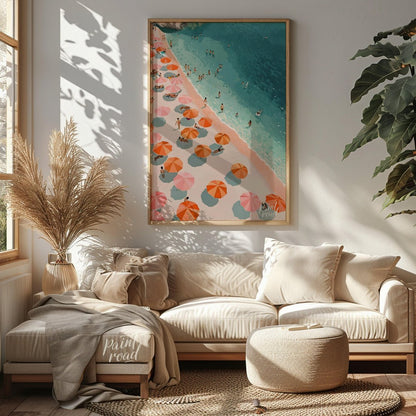 This digital illustration offers a bird's-eye view of a bustling beach scene. Colorful parasols, in… for living room