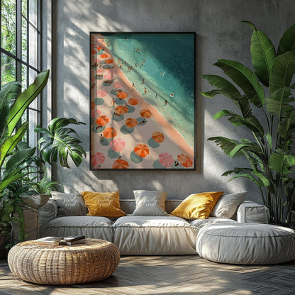 This digital illustration offers a bird's-eye view of a bustling beach scene. Colorful parasols, in… for living room