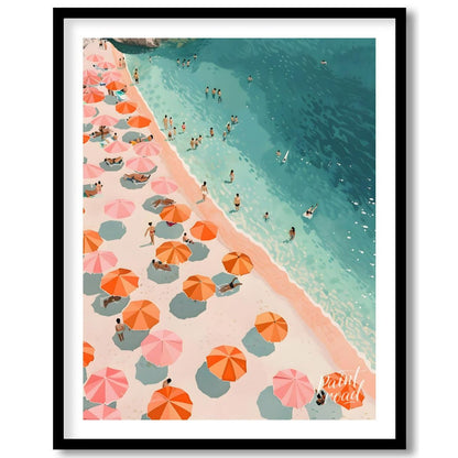 This digital illustration offers a bird's-eye view of a bustling beach scene. Colorful parasols, in… for lovely house