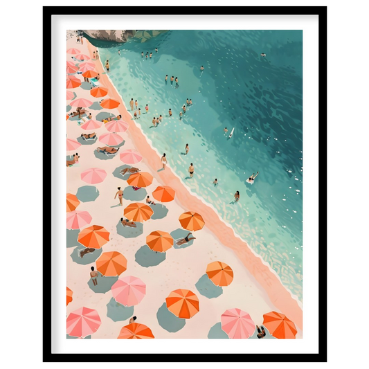 This digital illustration offers a bird's-eye view of a bustling beach scene. Colorful parasols, in… for lovely house