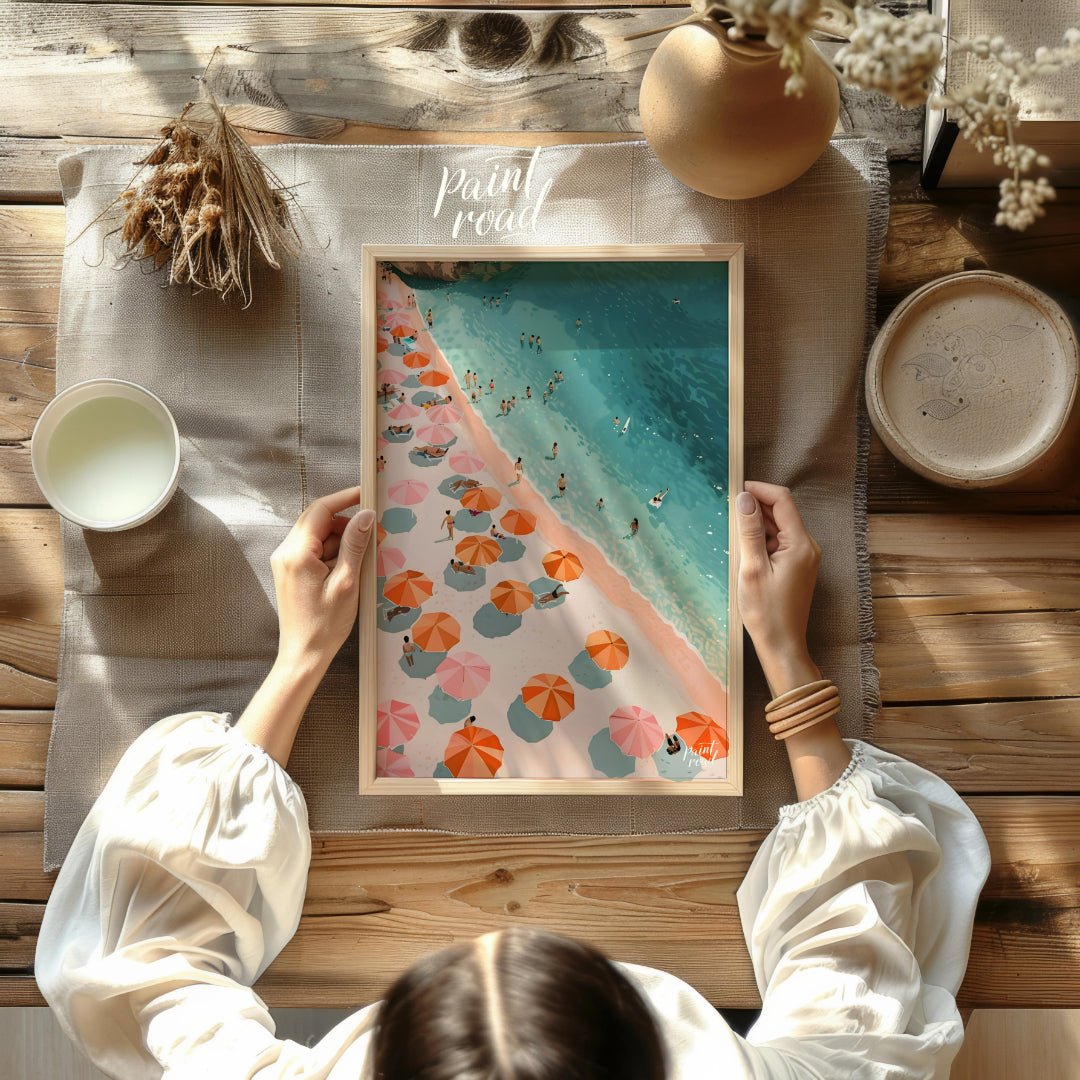This digital illustration offers a bird's-eye view of a bustling beach scene. Colorful parasols, in… for other