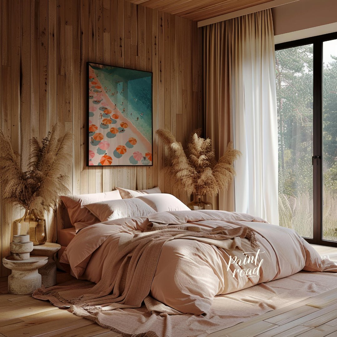 Beach Parasol Vista Painting available online at Paintroad showing beachgoers Bedroom and bird's - eye view