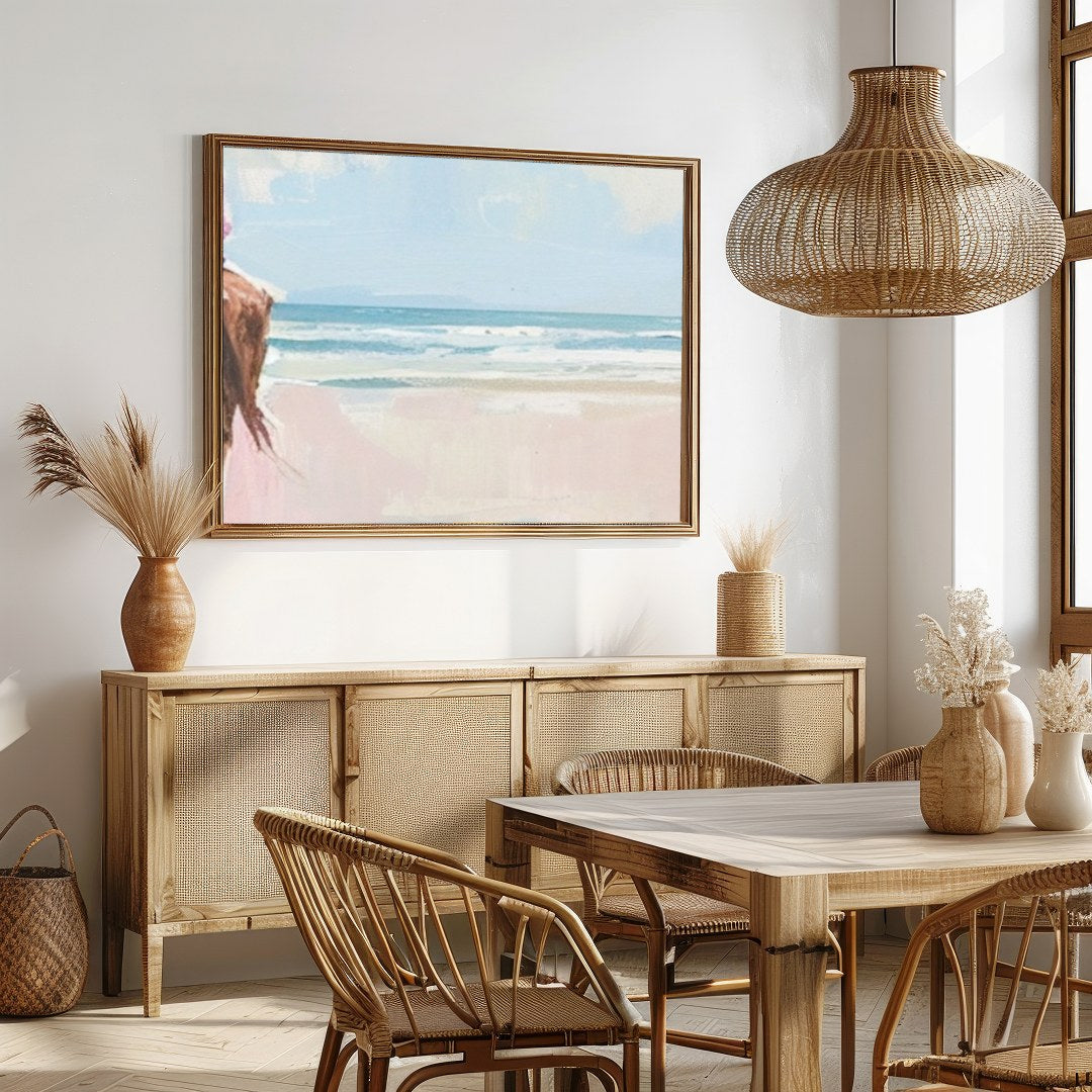 Experience the tranquility of a coastal horseback ride with this breathtaking artwork. Soft hues of for Dining