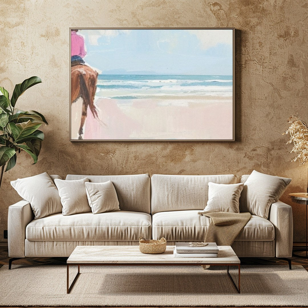 Experience the tranquility of a coastal horseback ride with this breathtaking artwork. Soft hues of for Family Room