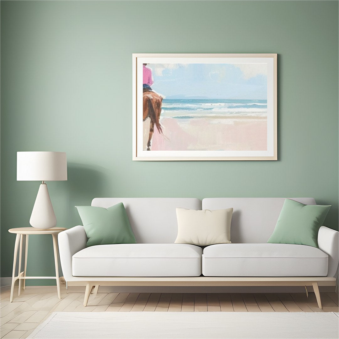 Experience the tranquility of a coastal horseback ride with this breathtaking artwork. Soft hues of for Hall