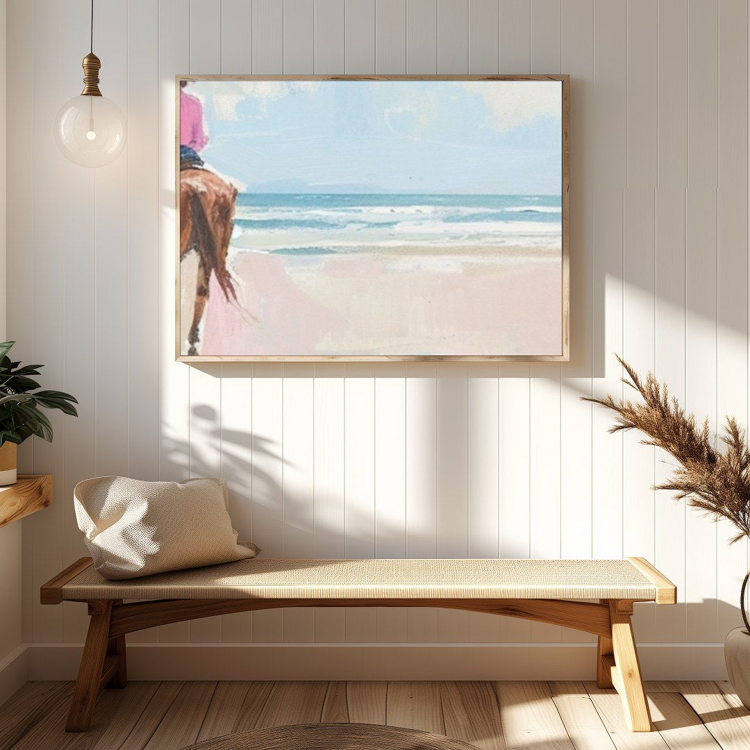 Experience the tranquility of a coastal horseback ride with this breathtaking artwork. Soft hues of for Hallway