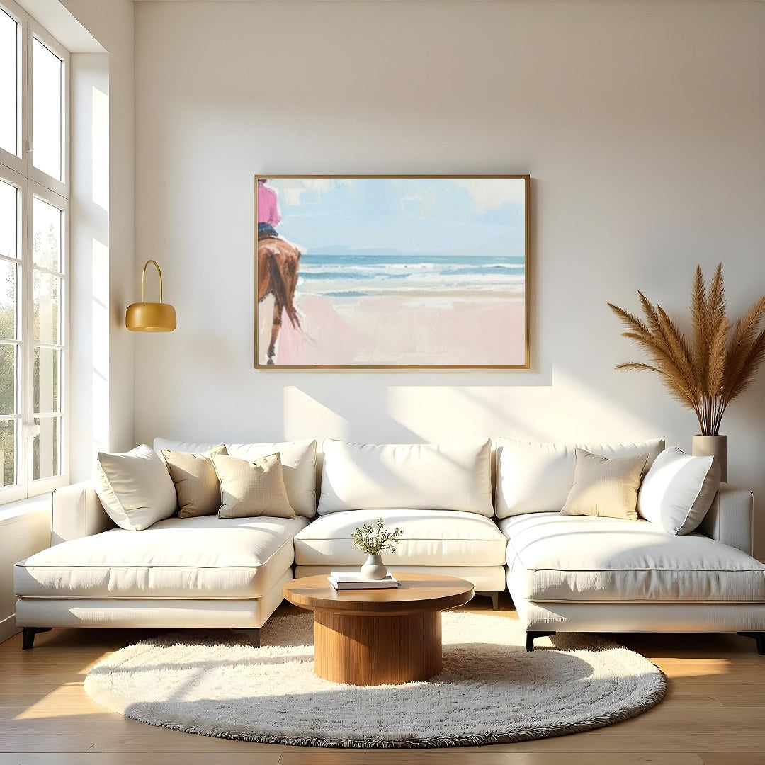 Experience the tranquility of a coastal horseback ride with this breathtaking artwork. Soft hues of for Living Room
