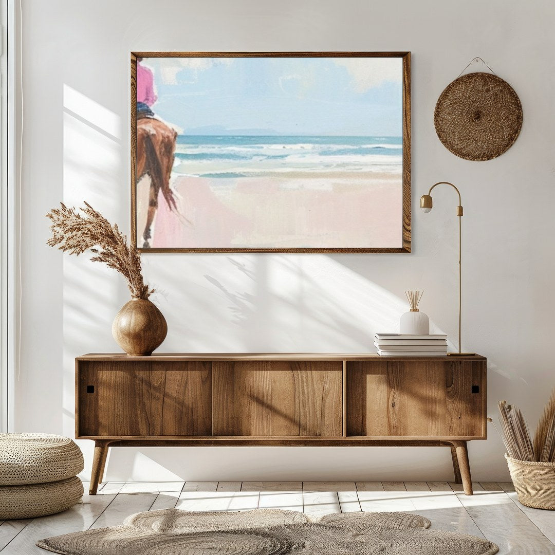 Experience the tranquility of a coastal horseback ride with this breathtaking artwork. Soft hues of for Sitting Area