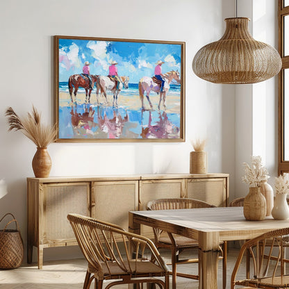 Immerse yourself in the tranquil beauty of a sunlit shore with 'Beachside Equestrian Reflections'. for Dining