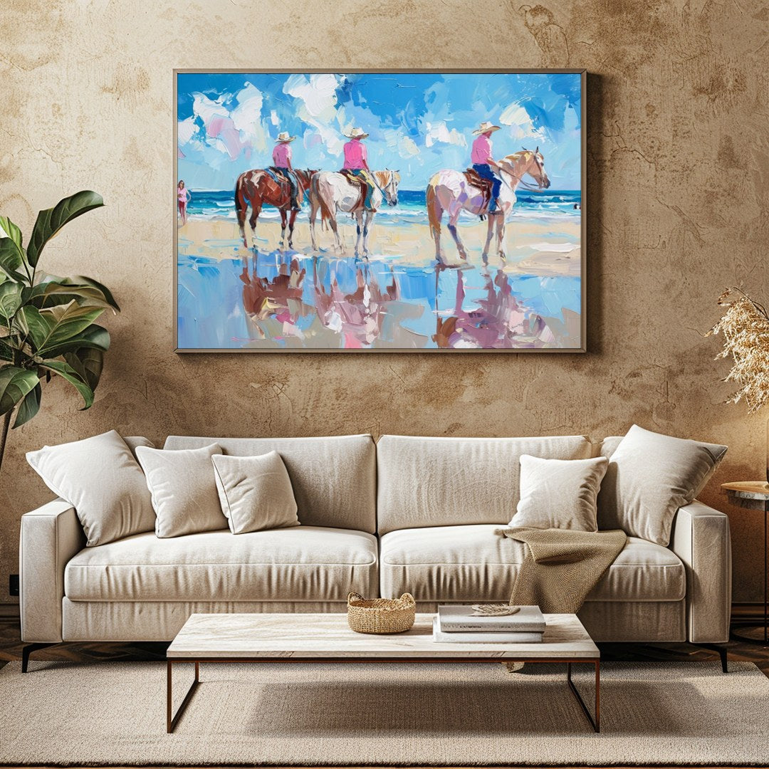 Immerse yourself in the tranquil beauty of a sunlit shore with 'Beachside Equestrian Reflections'. for Family Room