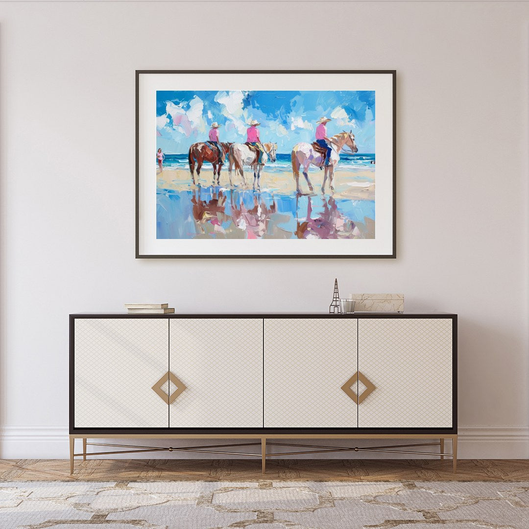 Immerse yourself in the tranquil beauty of a sunlit shore with 'Beachside Equestrian Reflections'. for Foyer
