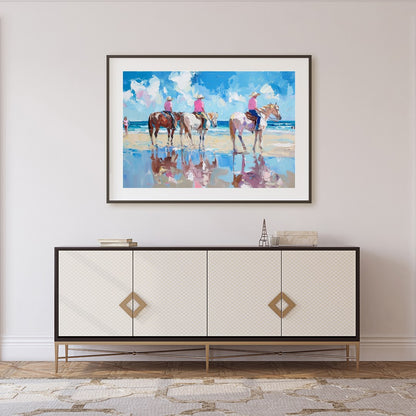 Immerse yourself in the tranquil beauty of a sunlit shore with 'Beachside Equestrian Reflections'. for Foyer